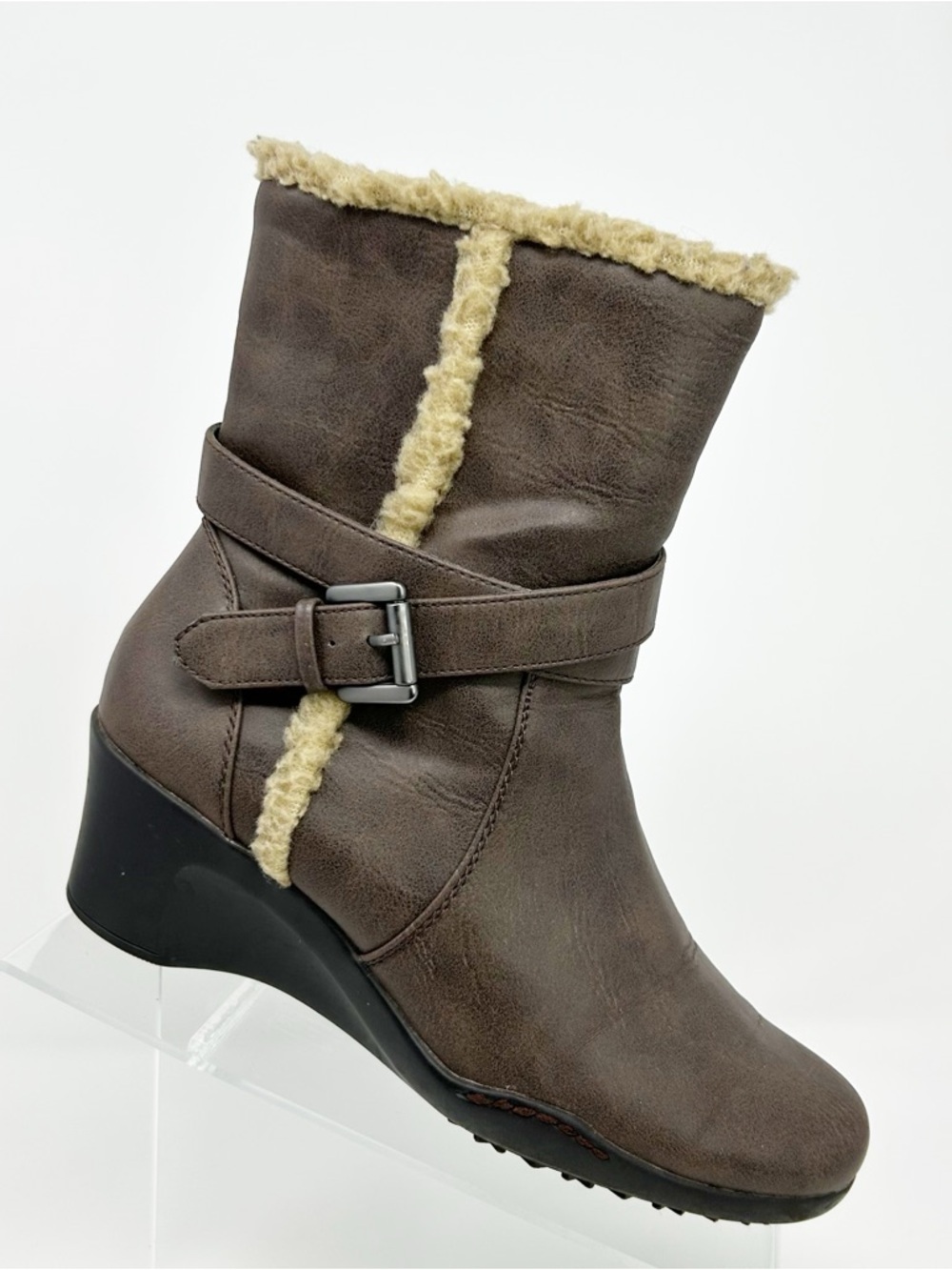 Aerosoles Women's Brown Shearling Style Ankle Bootie Wedge Heel Side Zip 6.5